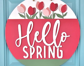 Türschild Hello Spring Tulip | Frühlingstulpe Veranda Dekor | Frühling Tulpen | Frühling DIY Türschild