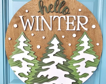 Hello Winter Pine Tree Door Hanger | Hello Winter Door Hanger | Winter Snowy Trees Door Hanger | DIY Winter Door Decor