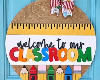 Classroom Welcome Sign | Teacher Door Hanger, 3D Wood Decor