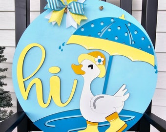Türschild Gänsefedern | Frühlingsregen Tür Dekor | Ente in den Gummistiefeln | DIY Frühling Türschild
