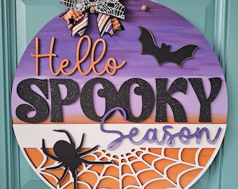 Hello Spooky Season-deurhanger | Houten decoratie spin en vleermuis Halloween