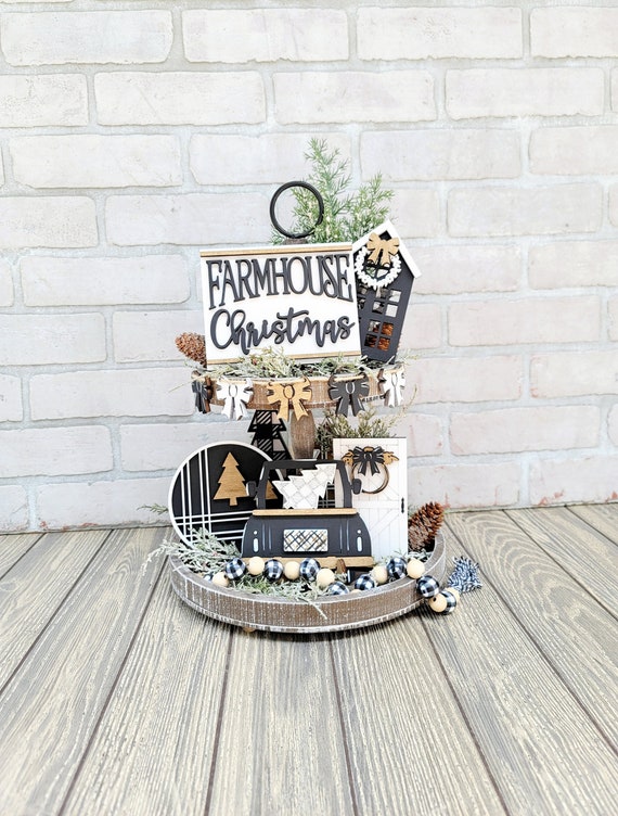 Farmhouse Christmas Tiered Tray Set | Neutral Christmas Tray | Set of 8 | Christmas Tiered Tray Bundle | Farmhouse Tiered Tray DIY