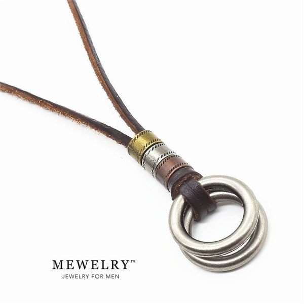 Men's Leather Necklace Rustic Antique Steel Tone Metallic Circles Pendant and Carved Disks Bonded Leather Man Jewelry for Him Guy Accessory