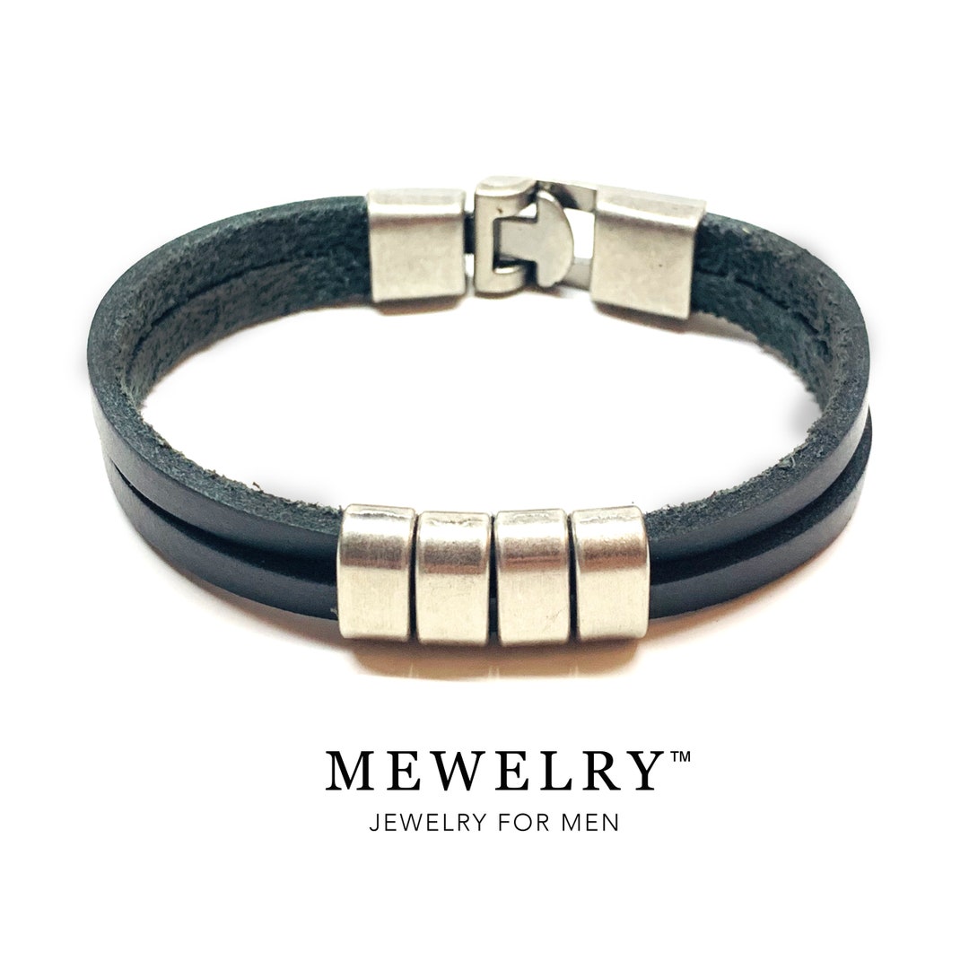 Men's Black Leather Bracelet Sleek Modern Design Double Strap Metallic ...