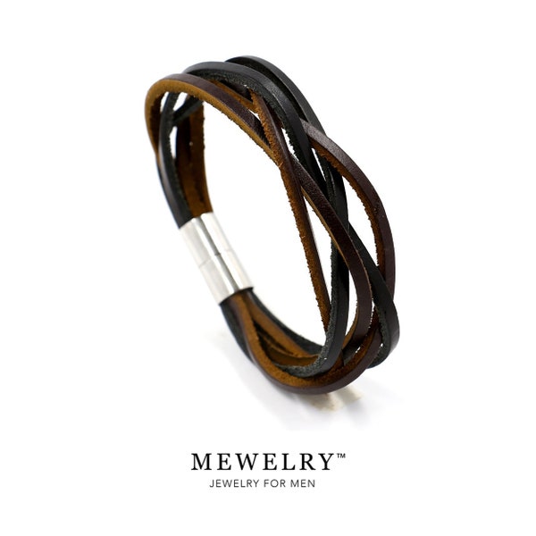 Men's Brown and Black Braided Genuine Leather Bracelet Magnetic Clasp Wristband Casual Fashion Man Wristwear Men Jewelry Mewelry Brazalete