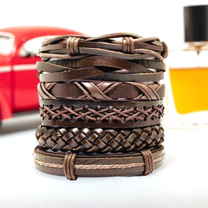 Men's Bracelet Classic Multilayered Leather Set for Him Brown Braided Woven Wristband Style Variety Casual Fashion Fathers Day Gift Pulseras