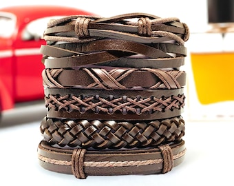 Men's Bracelet Classic Multilayered Leather Set for Him Brown Braided Woven Wristband Style Variety Casual Fashion Fathers Day Gift Pulseras