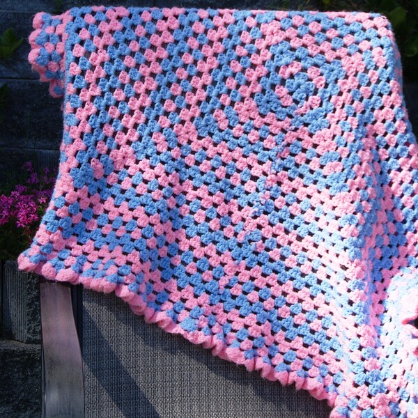 Vintage 1980's Hand Crochet Classic Pink & Blue Colored Baby Afghan