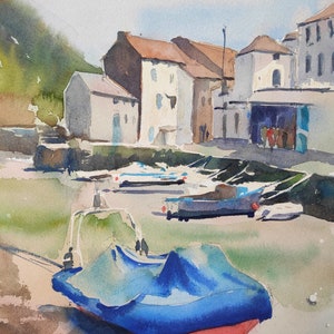 Signed Original Art, Watercolour landscape painting, Polperro Harbour, Cornwall, Unframed Wall Art, 22 x 36 cm