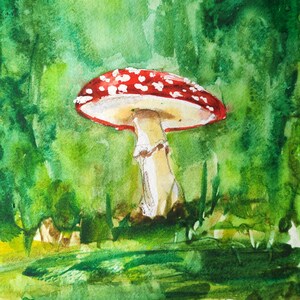 Fungo della foresta, dipinto ad acquerello della natura, decorazione da parete per la cameretta dei bambini, senza cornice, colore verde brillante, 6 x 8 pollici