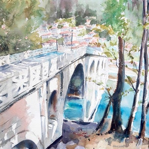 Watercolour landscape painting, Signed Original Art, Albania Architecture, Stone Bridge, Berat, Unframed Wall Art, 16 x 12 in