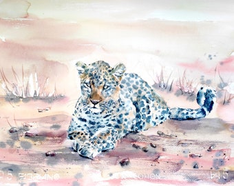 Aquarel zittende luipaard, Afrikaanse natuurkunst, 19,5 x 14 inch