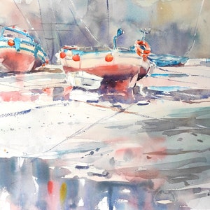 Lynmouth Harbour, Devon Coast, Fishing Boats, Signed Original Wall Art, Watercolour Landscape Painting, Beach Puddles, Unframed 16 x 12 in