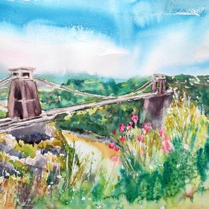 Watercolour  landscape painting, Signed Original Art, Clifton Bridge Bristol, Unframed Wall Art, 16 x 12 in