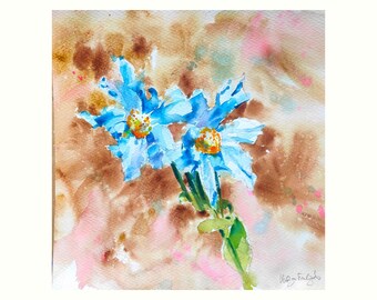 Original watercolour flowers, Himalayan blue poppies painting, Square, modern, collectible floral wall art, Affordable, unframed, 12 x 12 in