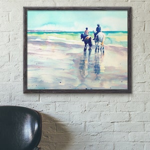 Pittura cavallo, Animale acquerello, Scena della spiaggia inglese, Stampa d'arte Giclée, Arte della parete verde blu, Senza cornice, Festa del papà, Ibolya Taligas Art