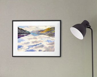Pictures of Scotland, Skye, Reflections, Scottish landscape, Watercolour clouds painting, Big open sky, Unframed Art Print, wall art,