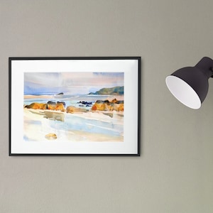 Cornish Art, Sennen Cove, Cornwall Wall Art, Pictures of England, Giclée Print, Blue Orange Wall Art, Watercolour painting, Unframed