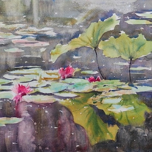 Odbicia stawu z liliami wodnymi, Akwarela pejzażowa, Podpisane oryginalne dzieło sztuki, Dekoracja ścienna bez ramy, Natura, Impresjonizm, 16 x 12 cali