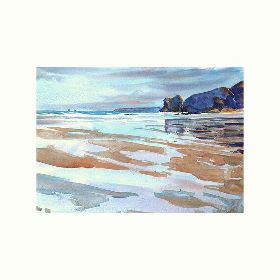 Tableau Aquarelle Original Signé T.H. Victor, Paysage Côtier (Cornouailles ?), Avec Sable