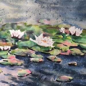 Stagno di ninfee, dipinto ad acquerello sulla natura, opera d'arte originale firmata, decorazione murale floreale moderna, toni scuri, senza cornice, 15 x 12 pollici,
