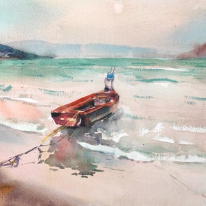 Coastal Twilight, Albanian Landscape, Signed Original Art, Watercolour Landscape painting, Turquoise Sea, Unframed Wall Art, 16 x 12 in