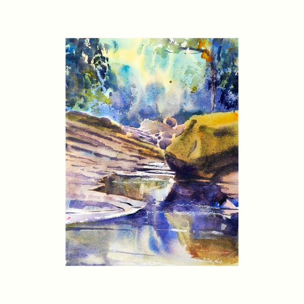 Original watercolour landscape painting, Large rocks reflections, Malawian river, Modern, rainbow coloured, wall art, unframed 21 x 28 cm