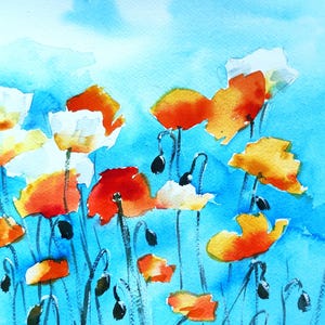 Californische klaprozen, aquarel bloem schilderij, oranjeblauwe natuur, moderne bloemen wanddecoratie, ondertekende originele kunst, ingelijst, 28 x 30 cm