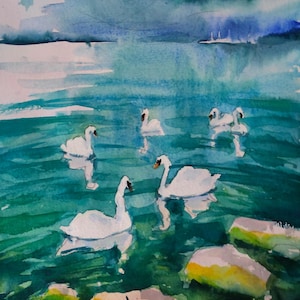 Cigni, lago turchese, dipinto ad acquerello sulla natura, opera d'arte originale firmata, fauna selvatica, decorazione da parete con uccelli, senza cornice, 10 x 16 pollici