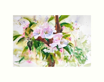 Original Aquarell-Blumengemälde, Kirschblüten, bunt, modern, florale Wanddekoration, Sammlerstück, ungerahmt, 22 x 15 Zoll