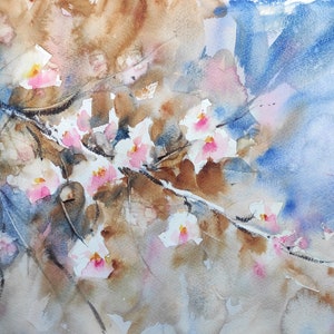 Cherry Blossom, Watercolour Nature Painting, Signed Original Art, Modern Floral Wall Decor, Impressionism, Soft colours, Unframed 16 x 12 in