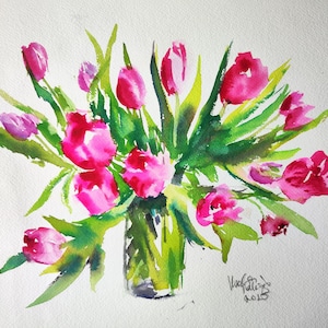 Tulipes roses joyeuses, nature morte à l'aquarelle, sans cadre, oeuvre d'art originale signée, fête des mères, couleur rose vif, cadeau unique fait main