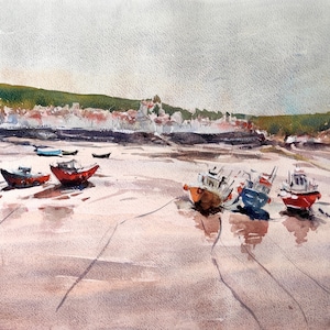 Staithes Harbour, Colourful Fishing Boats, Signed Original Art, Watercolour Landscape Painting, Beach Reflection, Unframed Wall Art, 16 x 12