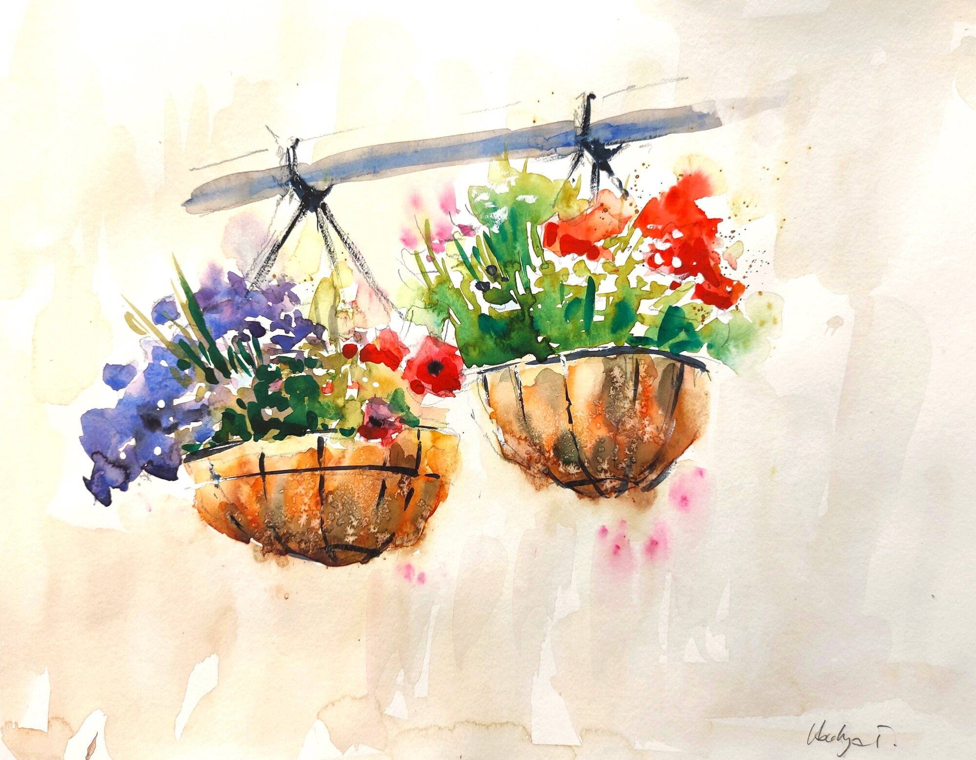 Hanging Flower Baskets Painting, Original Watercolour Wall Hanging