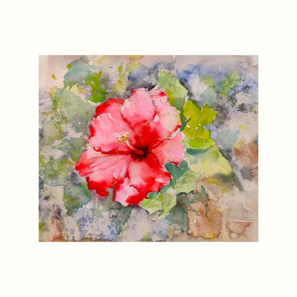 Peinture de fleurs d'hibiscus rose-rouge, petite décoration murale moderne, suspension murale florale, aquarelle originale sans cadre, oeuvre d'art de collection, 25 x 21 cm