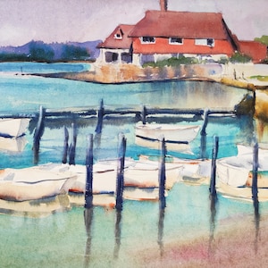 Bosham Coast, Dinghies, Turquoise Sea, Signed Original Art, Watercolour Landscape Painting, Unframed Wall Decor, 22 x 15 inches