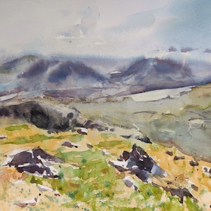 Arte original assinada, pintura em aquarela, paisagem atmosférica de montanha, Snowdonia, arte de parede sem moldura, 16 x 12 pol.