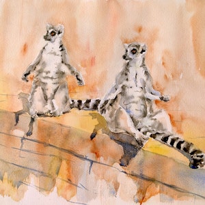 Ringtail Lemurs, signierte Originalkunstwerk, Aquarell Tiermalerei, Wildtierwanddekor, afrikanisches Tier, ungerahmt 40 x 30 cm