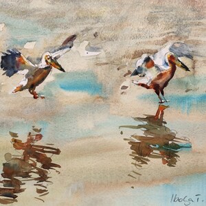 Pellicani volanti, pittura ad acquerello della natura, opera d'arte originale firmata, toni terrosi, fauna selvatica africana, decorazione da parete senza cornice, animali, uccelli