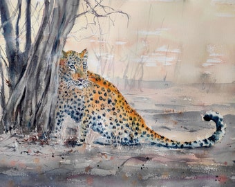 Gesigneerde luipaardaquarel, realistische Afrikaanse dierenkunst (22 x 15 in)