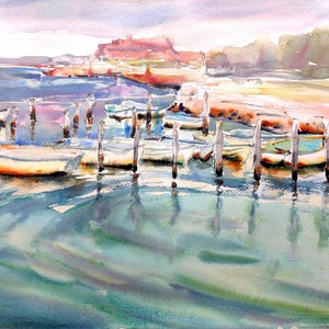 Bosham Quay Boats, Watercolour Landscape Painting, Signed Original Art, Expressionism, Turquoise Blue Sea, Unframed Wall Art, 19.5 x 14 i