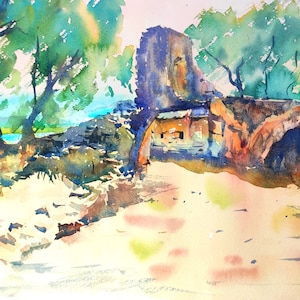 Watercolour Landscape painting, Signed Original Art, Albanian Ruin, Butrint Architecture, Unframed Wall Art, 16 x 12 in
