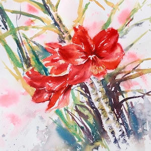 Red Amaryllis, Watercolour Flower Painting, Signed original art,  Bright Red, Floral Wall Decor, Unframed, Mother&#39;s Day 28 x 38 cm