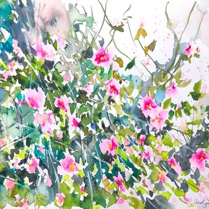 Pink Camellia bush, Watercolour Nature Painting, Pink Flowers, Signed Original Art, Impressionism, Unframed Wall Decor, 35 x 27 cm