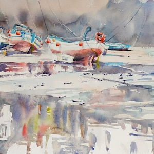 Lynmouth Harbour, Fishing Boats, Impressionistic Watercolour Landscape Painting, Signed Original Wall Art, Unframed 16 x 12 in