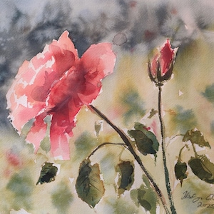 Dipinto ad acquerello di fiori, opera d'arte originale firmata, decorazione murale con rose rosa, decorazione per la casa naturale, senza cornice, formato A3, festa della mamma