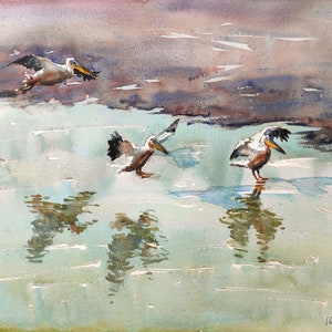 Pellicani volanti, dipinto ad acquerello raffigurante animali selvatici, opera d'arte originale firmata, toni terrosi, decorazione murale naturalistica, uccelli, senza cornice, 16 x 12 pollici