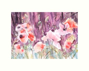 Original Watercolour flower painting, Pink and red poppies wall hanging,  Modern, botanical fine art home decor, unframed 16 x 12 in