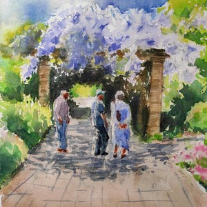 Dipinto di glicine viola, paesaggio primaverile ad acquerello, Golders Hill Park, opera d'arte originale firmata, realizzata a mano, senza cornice, formato A3