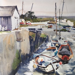 Watercolour landscape painting, Signed Original Art, Porlock Weir, fishing boats, Unframed Wall Art 12 x 16 in